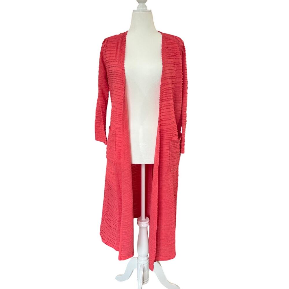 Lularoe Sara Duster Coral Pink Women's Size M 43"L Open Cardigan Pockets Coastal